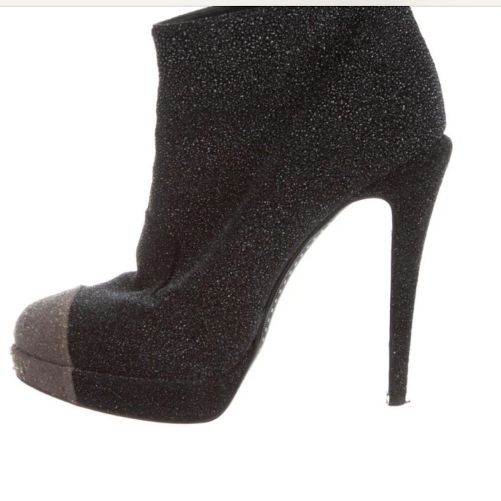 Chanel Gray Glitter Ankle High Heel Stiletto Leather Black Boots/Booties.